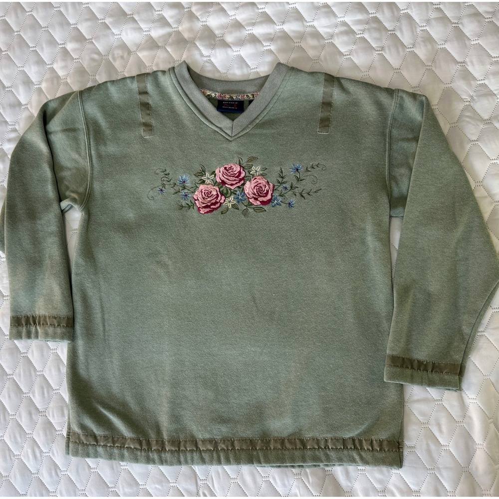 Renee Sport Sweatshirt Womens Medium Sage Green Good Floral Embroidered V-Neck